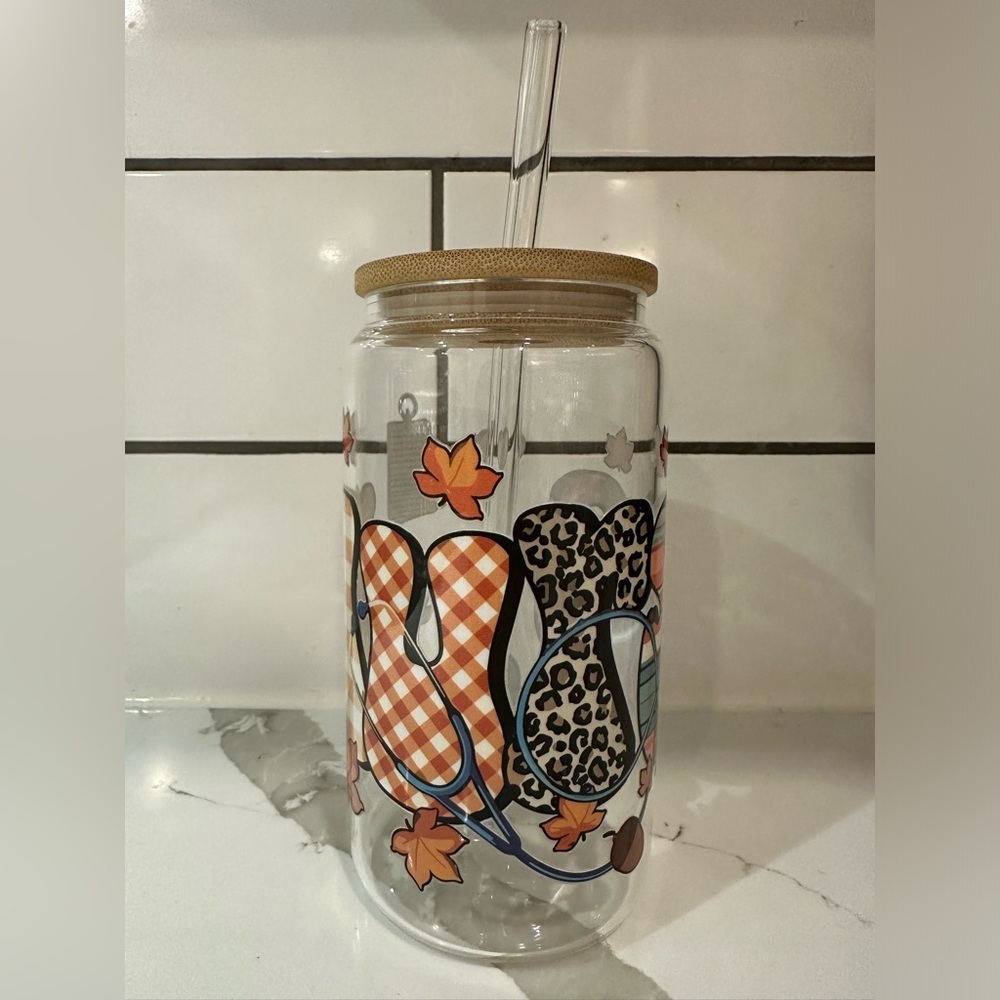 Fall Beer can glass drink-ware bamboo lid glass straw water nurse Christmas 16oz